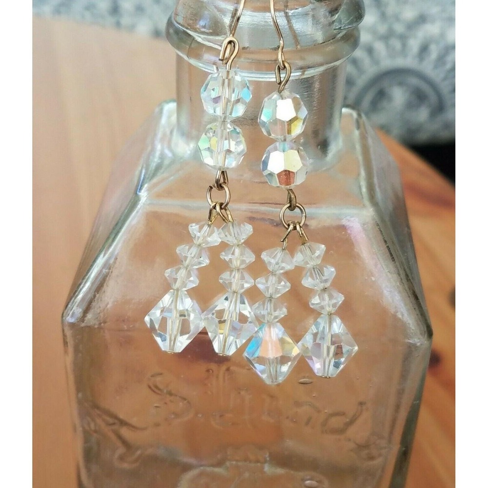 Estate 14k GF Gold Filled AB Aurora Borealis Crystal Dangling Earrings Vintage